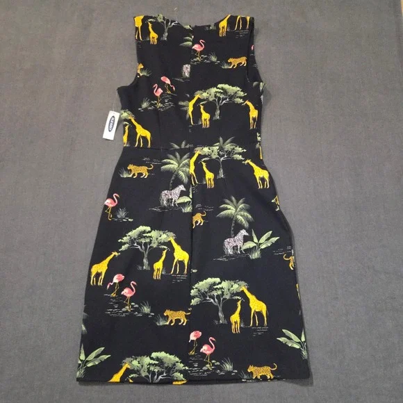 Old Navy Safari Animal Print Sheath Dress Womens S Black Giraffe Zebra Flamingo - Picture 2 of 10